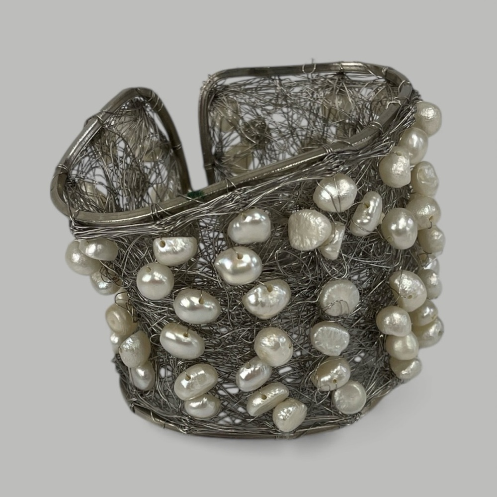 Elegant Pearl and Silver Wire Cuff Bracelet